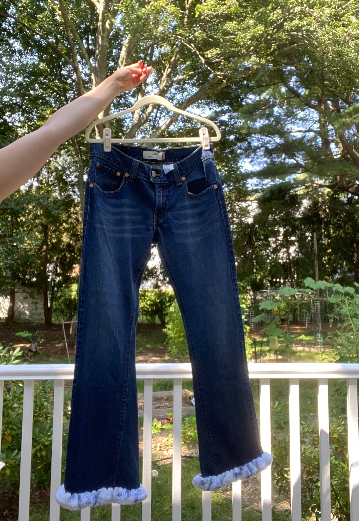 Upcycled Levi’s Size 12 Low Rise Jeans with Crochet Leg Details