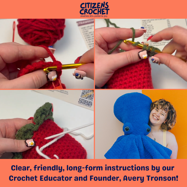 A four-panel collage promoting Citizen's Crochet's instructions by Avery Tronson, showing close-up hands crocheting with red yarn, a crochet hook, and a blue octopus-shaped item, with orange text banners at top and bottom.