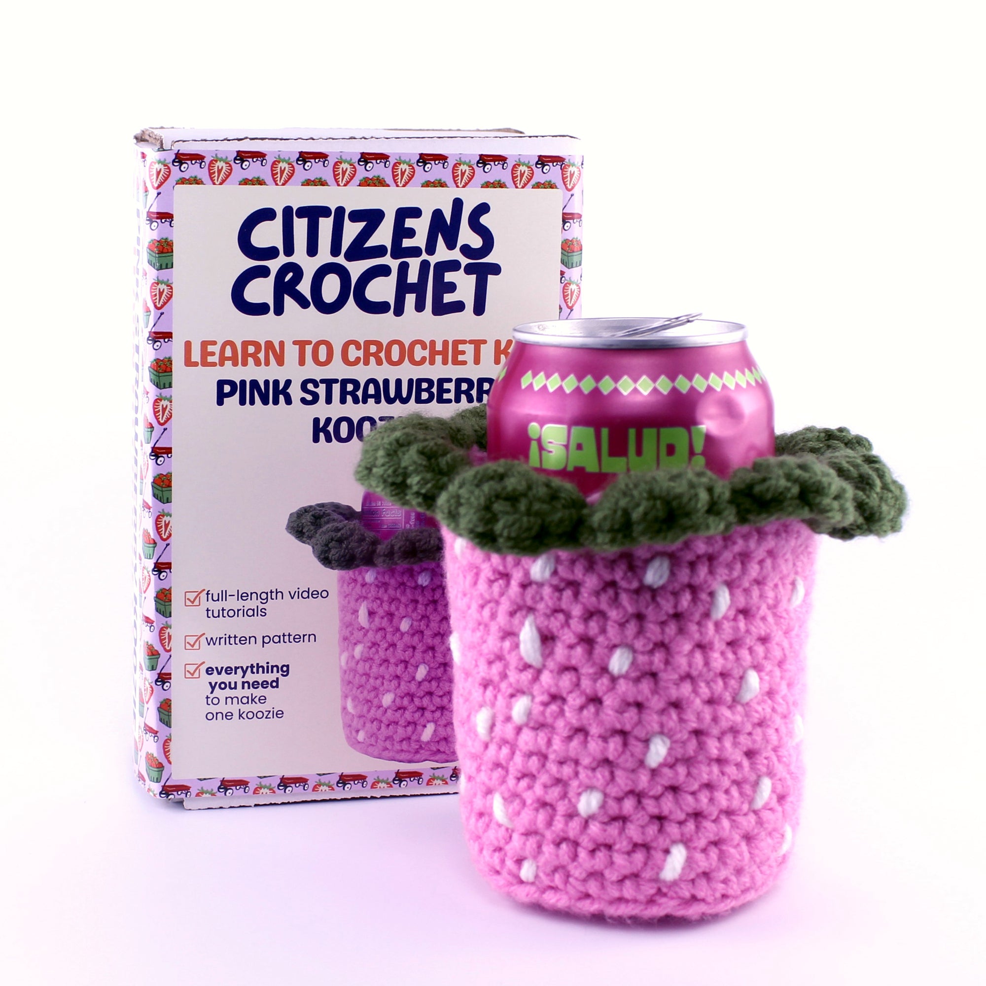 Pink Strawberry Koozie Learn to Crochet Kit